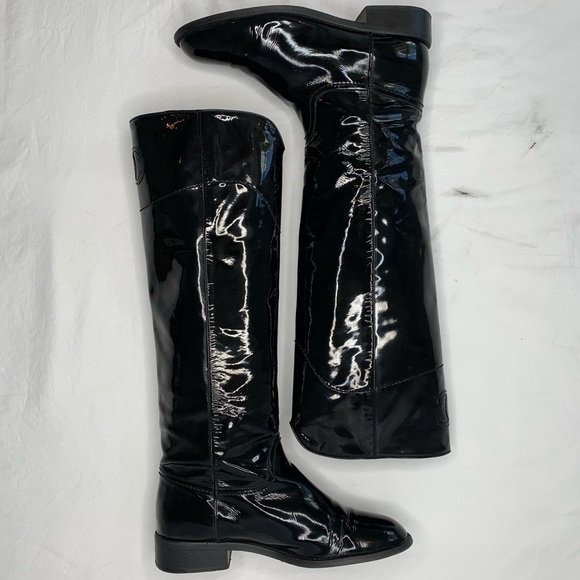 black patent leather riding boots